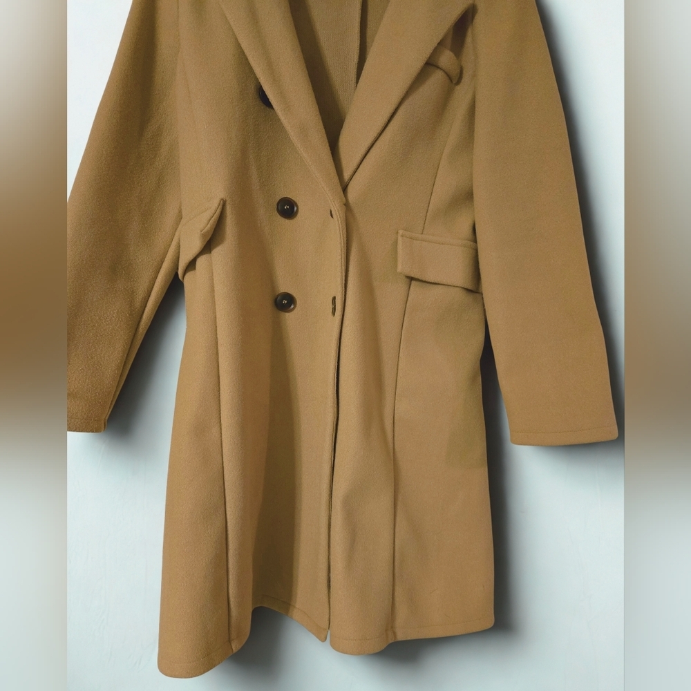 Women's Size Lg Camel double breasted Trench Coat Stylish Jacket Warm - Picture 4 of 6